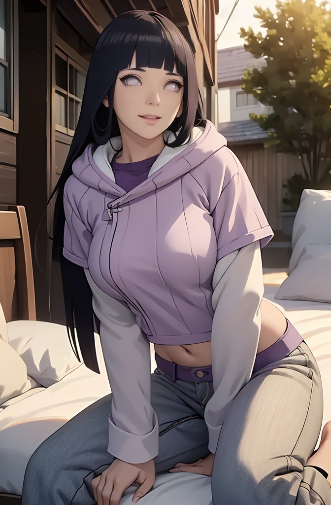 (best quality,4k,8k,highres,masterpiece:1.2),ultra-detailed,realistic,photorealistic:1.37,detailed eyes,beautiful detailed lips,pale.hinata hyuga wearing skintight hoodie, layered sleeve, perfect figure, attractive rounded breasts, naughty smile, puffy lips, posing in sunshine, outdoor , purple layered hoodie, relaxed brown pants, attractive, laying on bed