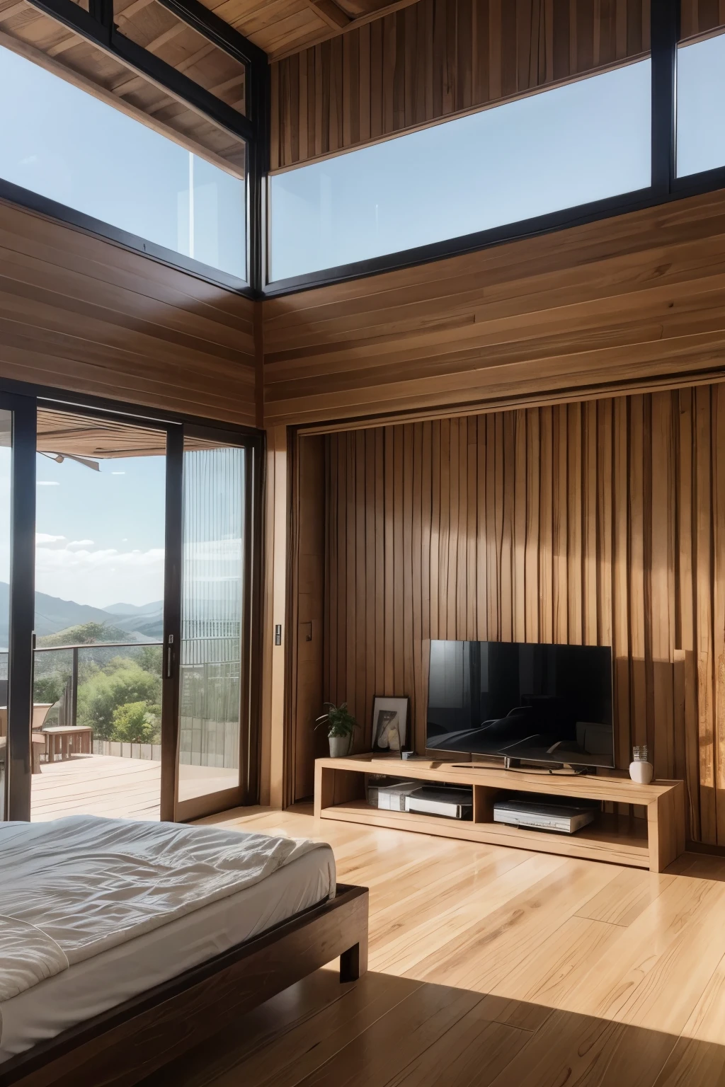 modern Brazilian house with wooden finishes. photography style with augmented reality. warm and natural colors