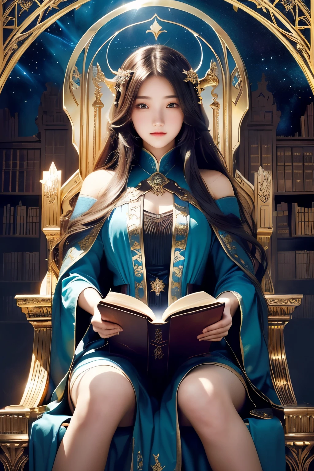 Girl with long hair holding a book in hands, Infinite Celestial Library, great view, Epic Light Novel Art Cover, Magic realism and dark fantasy, A throne lies in a fantasy land