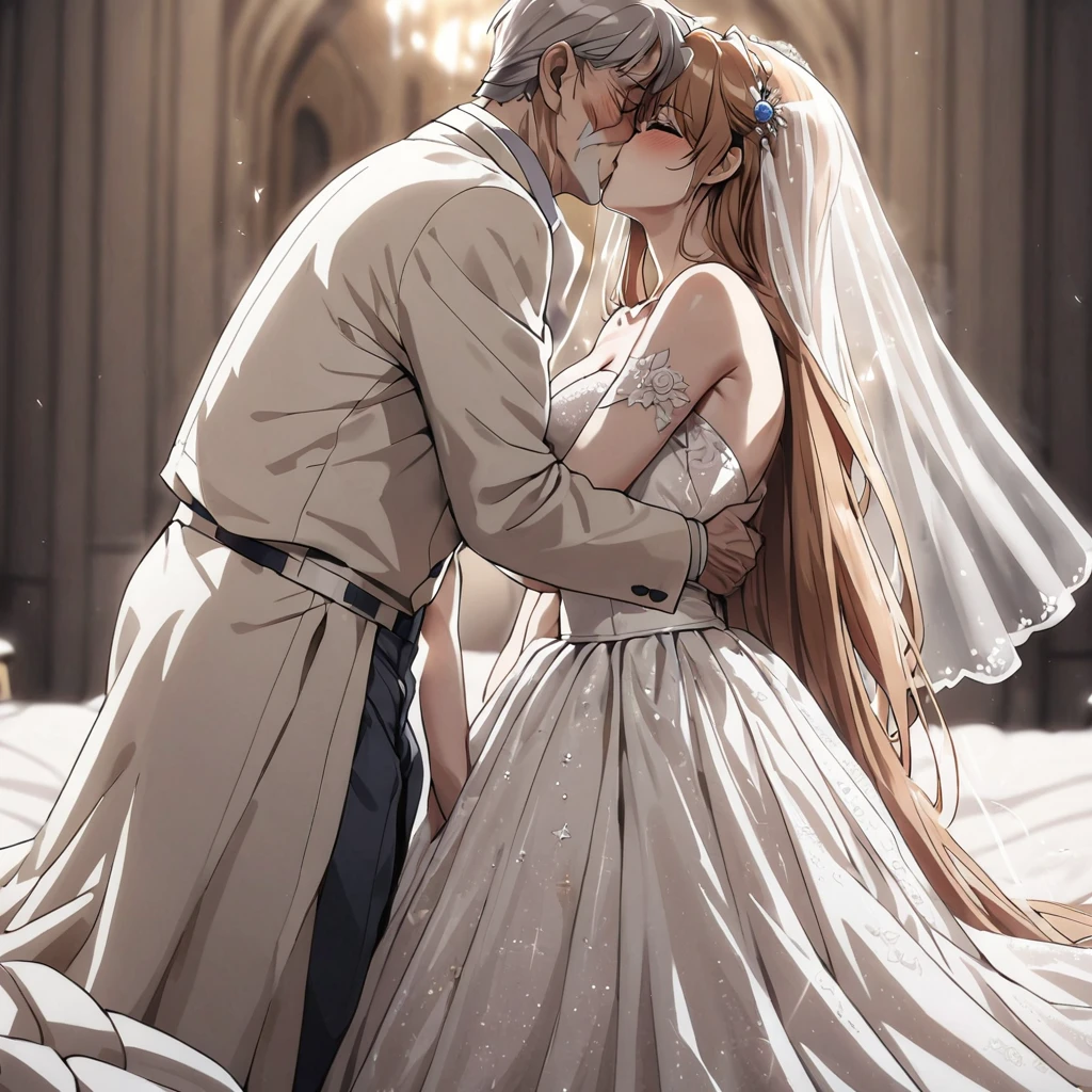 ((Highest quality)), ((masterpiece)), (detailed), （Perfect Face）、The woman was Princess Leona, with long light brown hair and a gorgeous, glittering wedding dress and wedding veil.、On a large, luxurious bed, a woman is pushed down onto the bed by an old man in a white tuxedo, and they embrace and kiss.、The woman has long hair
