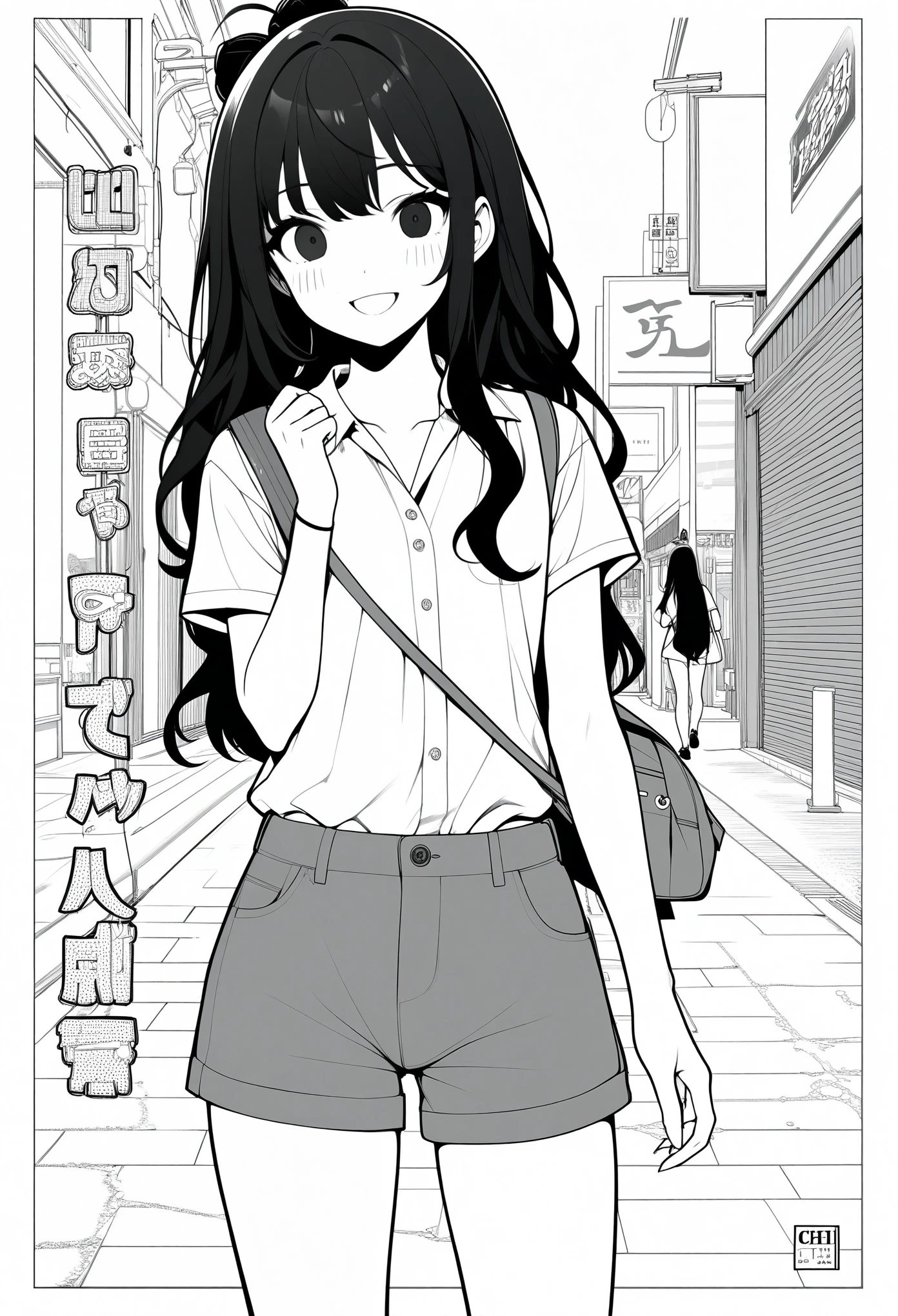 ​masterpiece, best quality, 1girl, jyt:4, grayscale, style: manga, japanese, chi no wadachi, black eyes, street, iced, black hair, schoolbag, smile, lineart, white background, white shirt, grey shorts,
