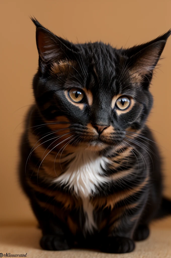 Black and orange tortoiseshell kitten, His nose is pink, half of his face is black, the other half is orange, and his chest is white.