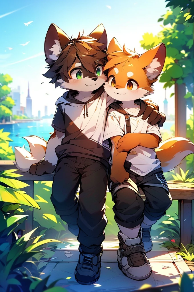 by Kenket, Ross Tran, Luan Jia, Zausch, fox, by Zachary911, Hyatt Wren, Terran, by fumiko, From Pixelsketcher, Bayard Wu, Thomas Benjamin Kennington, Einshelm, Written by Kirina, From Coffeesoda, by Hioshiru, From fluff-kevlar, Goodbye r-mk, By dimwitdog, duo, Men and women, On the balcony, (A woman wearing a white logo hoodie and black pants), (A man wearing a white logo shirt and black pants), Embrace, Ocean Background, modern city background