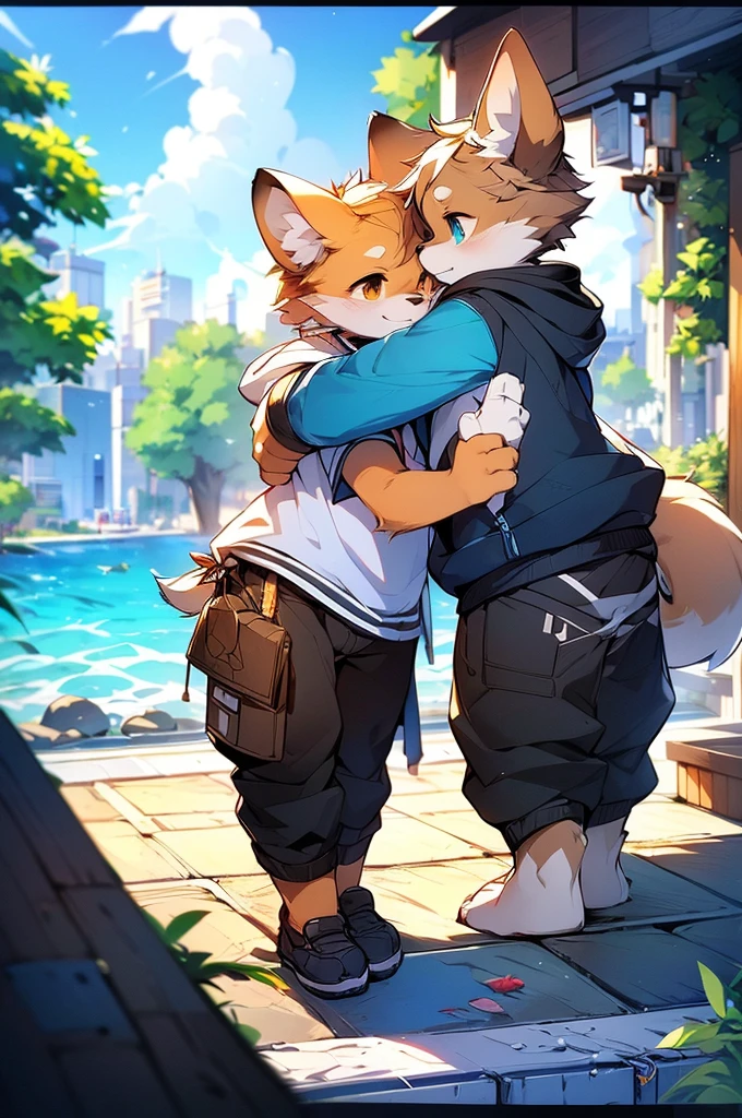 by Kenket, Ross Tran, Luan Jia, Zausch, fox, by Zachary911, Hyatt Wren, Terran, by fumiko, From Pixelsketcher, Bayard Wu, Thomas Benjamin Kennington, Einshelm, Written by Kirina, From Coffeesoda, by Hioshiru, From fluff-kevlar, Goodbye r-mk, By dimwitdog, duo, Men and women, On the balcony, (A woman wearing a white logo hoodie and black pants), (A man wearing a white logo shirt and black pants), Embrace, Ocean Background, modern city background