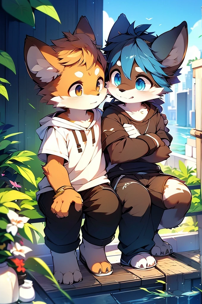by Kenket, Ross Tran, Luan Jia, Zausch, fox, by Zachary911, Hyatt Wren, Terran, by fumiko, From Pixelsketcher, Bayard Wu, Thomas Benjamin Kennington, Einshelm, Written by Kirina, From Coffeesoda, by Hioshiru, From fluff-kevlar, Goodbye r-mk, By dimwitdog, duo, Men and women, On the balcony, (A woman wearing a white logo hoodie and black pants), (A man wearing a white logo shirt and black pants), Embrace, Ocean Background, modern city background