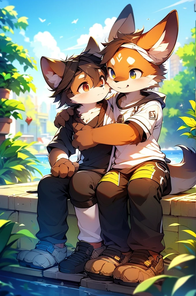 （Yellow furry boy 1.1），（Grey Furry Boy 1.1）Preppy style,school uniformss，Trip，bookbag，HighestQuali，earphones，Two furry，Detailable protrusions, Genital contour, Erection under clothes, Not only underwear, But also, Animal genitalia ,NSFW ,성교하다,kissing,masturbation,cum on