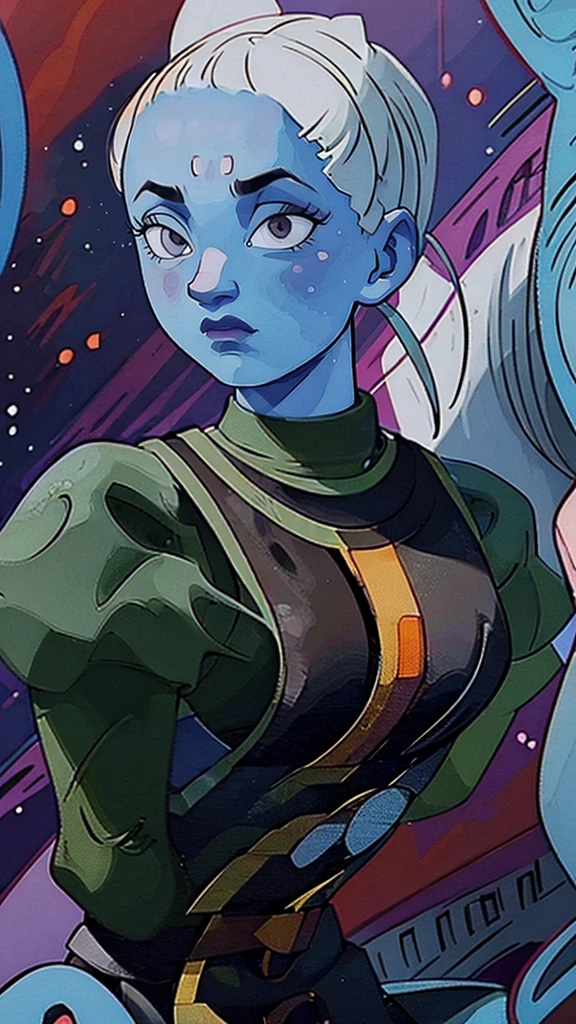 a female character in a dragon ball style pose,Gwen from total drama,cosplaying as Vados,beautiful detailed face,detailed eyes,beautiful detailed lips,detailed face and body,intricate detailed digital art,highly detailed,masterpiece,photorealistic,8k,ultra-detailed,cinematic lighting,vibrant colors,digital painting,concept art style