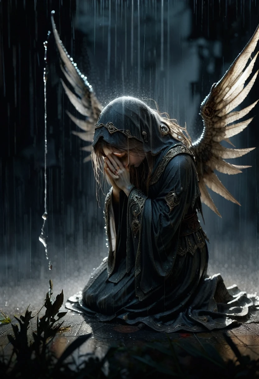 Biblical. A banished female angle surrounded by satanic shadow, broken wings, kneeling, praying, crying, drenched in rain, hellish background, anguish, something unbearable, pain, sorrow. Waterhouse, Repin, Gustave Doré, Rutkowski, Brian Froud, Monge., Broken Glass effect, no background, stunning, something that even doesn't exist, mythical being, energy, molecular, textures, iridescent and luminescent scales, breathtaking beauty, pure perfection, divine presence, unforgettable, impressive, breathtaking beauty, Volumetric light, auras, rays, vivid colors reflects, Watercolor, trending on artstation, sharp focus, studio photo, intricate details, highly detailed, by greg rutkowski
