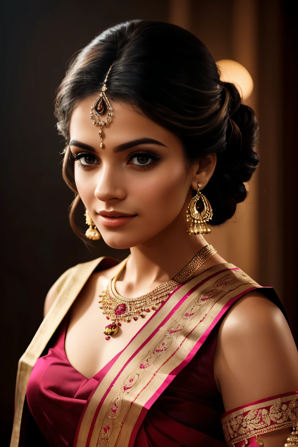 In this photograph, an Indian Instagram female model in her mid-20s takes center stage. (highly detailed face:1.4) (smile:0.7) (background 5-star hotel, moody, private study:1.0V, by Lee Jeffries, Nikon D850, film stock photograph, 4 Kodak Portra 400, camera f1.6 lens, rich colors, hyper-realistic, lifelike texture, dramatic lighting, Cinestill 800, realistic). She is wearing a traditional cherry blossom saree that exudes elegance and sophistication. The saree features a vibrant and intricate design with rich colors and detailed patterns, draped gracefully around her. The blouse is sleeveless but with intricate embroidery and beadwork, complementing the saree’s luxurious fabric. She is tying her hair with raised hands, Completing her look, she adorns herself with traditional jewelry, including bangles, earrings, and a necklace. The model's hair is styled in a classic bun with jasmine flowers, adding a modern twist to her traditional attire.
The photograph is meticulously captured in 8K resolution using cutting-edge techniques such as Cinema 4D and Octane Render, resulting in a highly detailed and photorealistic image. Studio lighting, HDR, and a smoky mist create a captivating ambiance, while the bokeh effect adds an artistic touch.