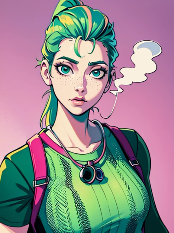 Masterpiece, best quality, college student, centered in frame, portrait, female, pale skin, stressed expression, stethoscope, busty, smoking cigarette, eye bags, nervous, peach lips, ponytail, pastel green hair, couch landscape, green eyes, paramedic uniform, green freckles, beautiful,