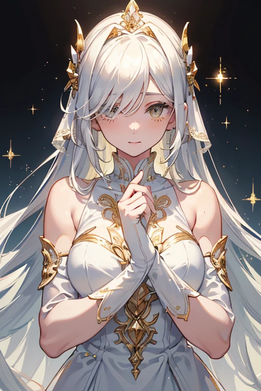 ((, Masterpiece: 1.5, best quality, high resolution: 1.3, super resolution, super detailed, ultra detailed: 1.3, Perfect Anatomy:1.5, 1 woman ) dark skin + white hair + yellow eyes + long eyelashes + female figure + freckled cheeks (long dress with moderately transparent fabric at the ends, delicate accessories, long fingerless gloves, white clothing with gold details) ((adorable open eyes, friendly cute expression, sparkle in eyes))