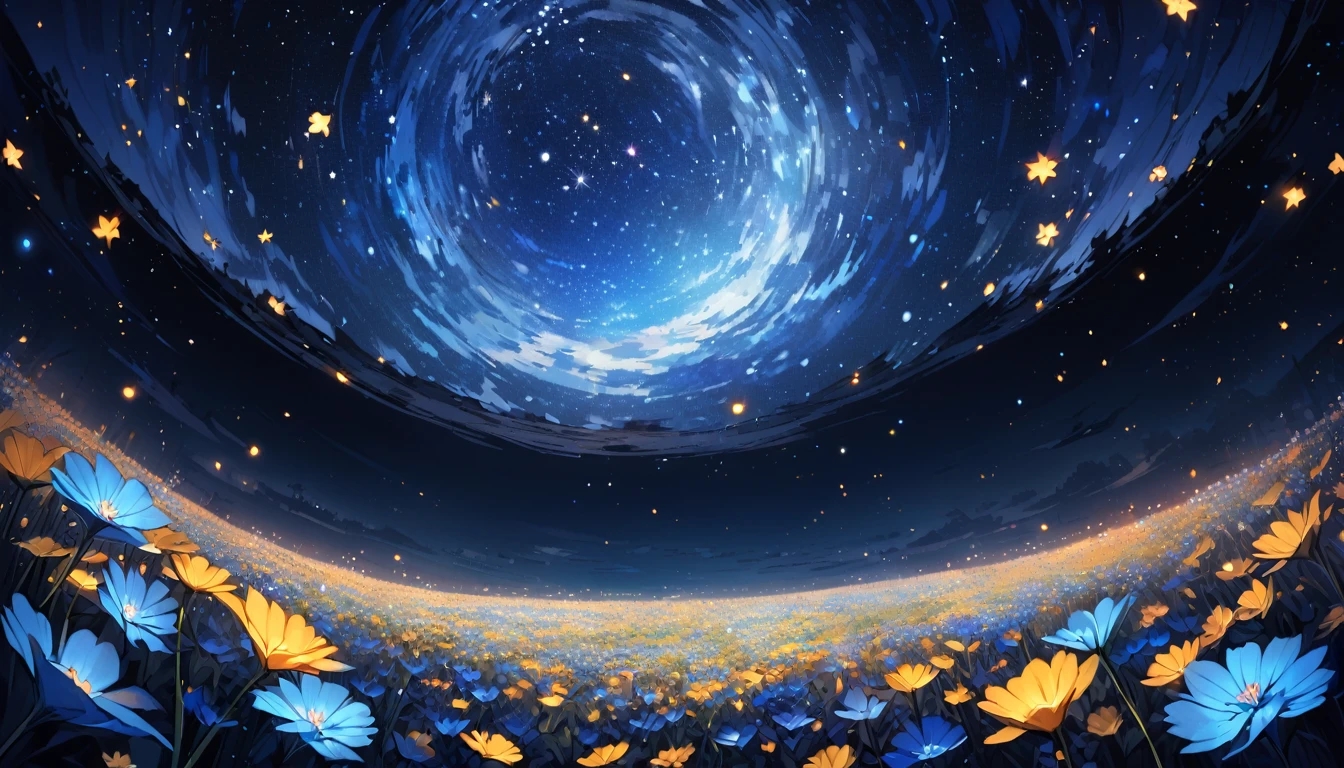 close-up flower field at the bottom, lots of flowers, starry night sky above, midnight, no light, blue tint, completely dark surroundings, pitch black, fantasy feeling