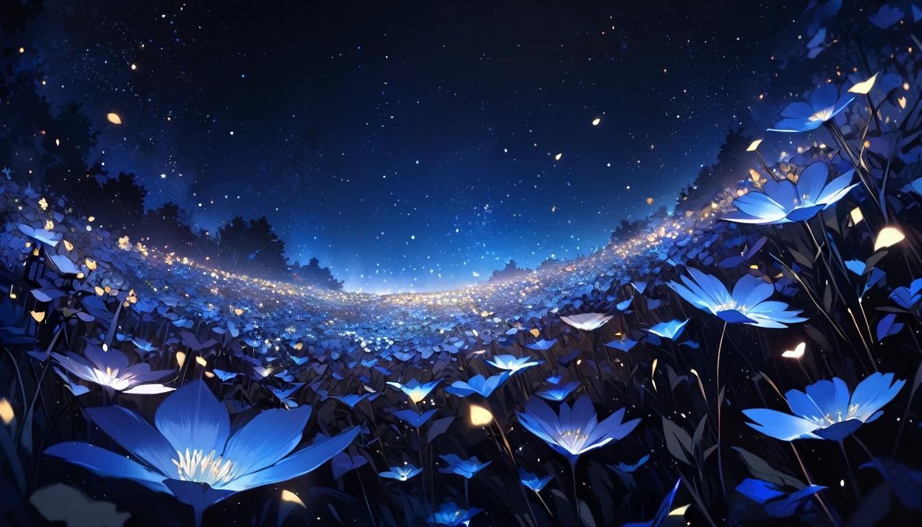 close-up flower field at the bottom, lots of flowers, starry night sky above, midnight, no light, blue tint, completely dark surroundings, pitch black, fantasy feeling
