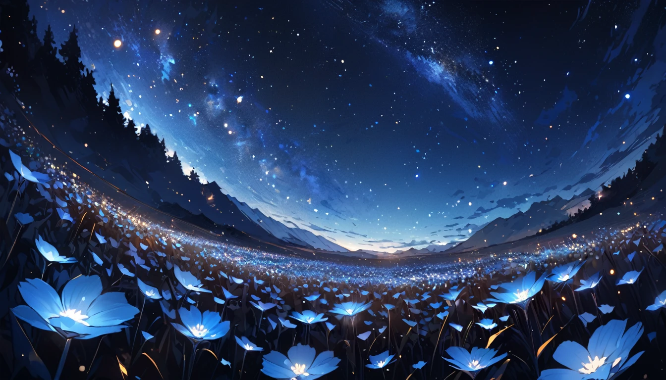 close-up flower field at the bottom, lots of flowers, starry night sky above, midnight, no light, blue tint, completely dark surroundings, pitch black, fantasy feeling