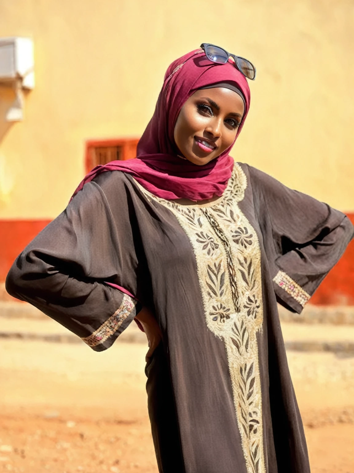 araffe woman in a brown and pink dress standing in front of a building, african ameera al taweel, beautiful female, somali woman, photo taken in 2 0 2 0, somali attire, african woman, photo portrait, wearing authentic attire, beautiful woman, pose 1 of 1 6, beautifully, stunning visual, wearing an african dress, evening at dusk,,Cinematic,soft colors, Technicolor,natural skin textures, hyper realism, hyper detailed,Extremely detailed,High contrast,Masterpiece,Realistic,Ultra Detailed, intricate details,realistic humid leather,extremly intricate,Epic Realistic, cinematic style,irina yermolova,high contrast,hdr,extremely detailed,,masterpiece,intricate details,faded,eyes extremely detailed, high detailed eyes,8k resolution,RAW,retina, Nikon Z9
