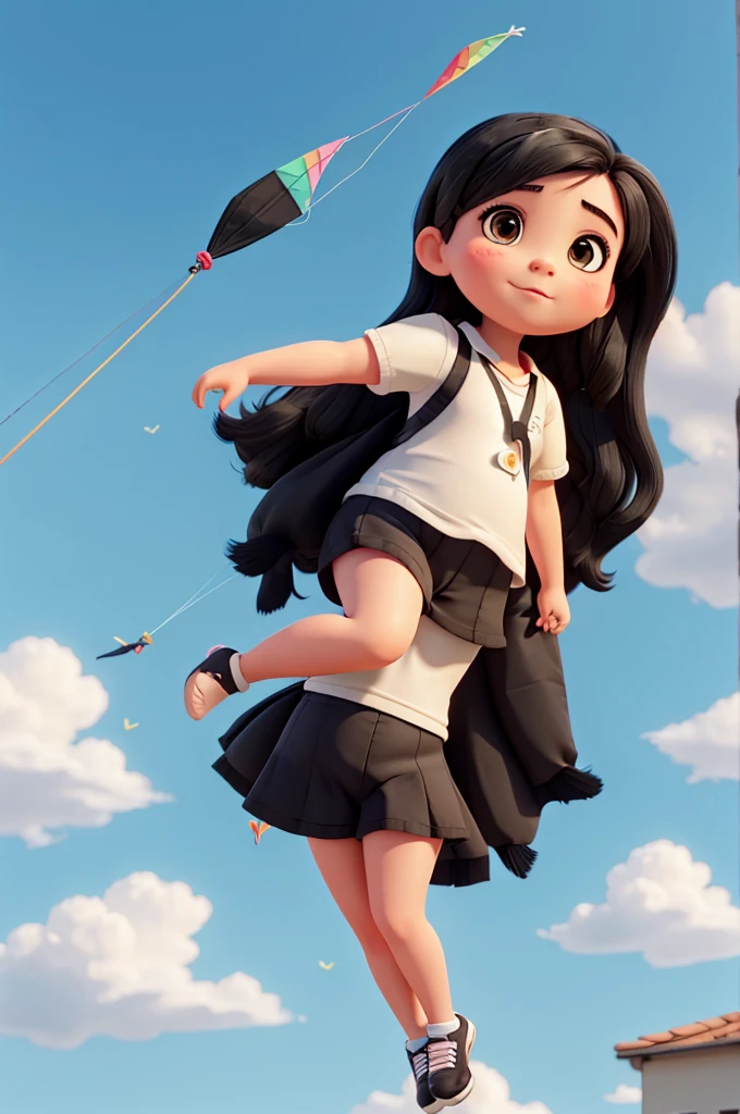 Chubby skinny girl with black hair flying a kite