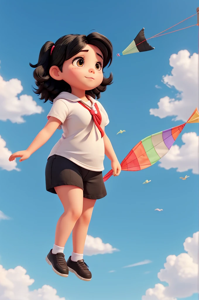 Chubby skinny girl with black hair flying a kite
