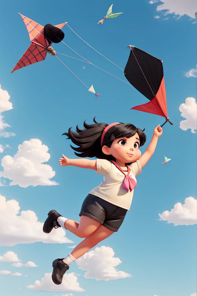 Chubby skinny girl with black hair flying a kite