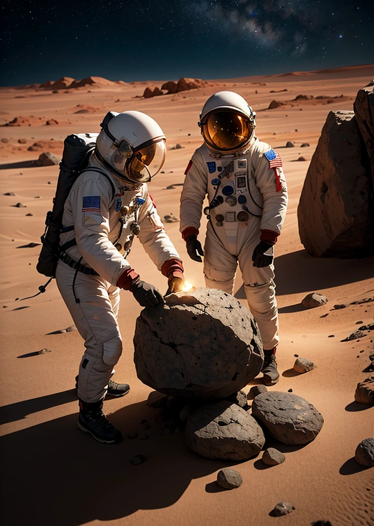 Create a painting of three astronauts collecting rocks and taking samples with advanced technological equipment on Mars at night. The environment should be very rocky, with an abundance of stones and various-sized rocks scattered around. The Martian landscape is illuminated by the faint light of distant stars and the astronauts' headlamps. The sky is dark, filled with stars, while the reddish hue of Mars' surface contrasts with the cold, dark night. The astronauts should be equipped with scientific tools and instruments, actively engaged in their work. Ensure the scene captures the rugged and barren nature of Mars, emphasizing the rocky terrain and the astronauts' detailed activities.