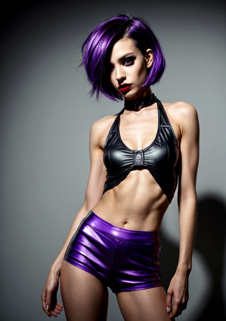 photorealistic:1.2, close up, a rock girl in very tight shorts, portrait, full body shot, avant-garde fetish clothing, dark lipstick, with short spiky violet hair, slim athletic body, confident expression, punk style, seductive erotic art, playboy, erotic atmosphere, provocative pose, dynamic lighting, vibrant colors, ARRI ALEXA 65, 50mm lens