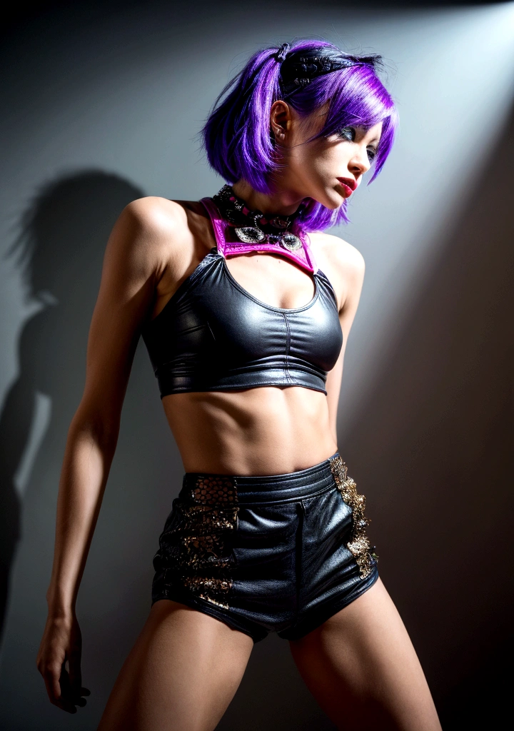 photorealistic:1.2, close up, a rock girl in very tight shorts, portrait, full body shot, avant-garde fetish clothing, dark lipstick, with short spiky violet hair, slim athletic body, confident expression, punk style, seductive erotic art, playboy, erotic atmosphere, provocative pose, dynamic lighting, vibrant colors, ARRI ALEXA 65, 50mm lens
