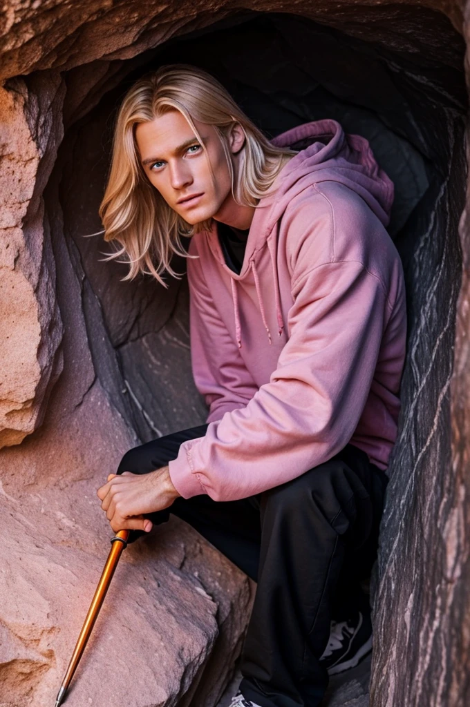 You could make a blonde man and blue eyes, with white sweatshirt and black baggy pants; with a diamond spear in a hiding place in a protected and remote cave, make it a shelter, dark with the sky illuminating the rock walls in strange pink and orange colors. Well it&#39;s an apocalypse...