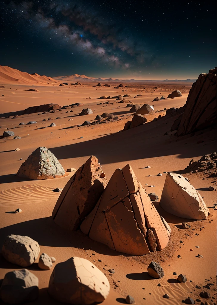 Create a painting of three astronauts collecting rocks and taking samples with advanced technological equipment on Mars at night. The environment should be very rocky, with an abundance of stones and various-sized rocks scattered around. The Martian landscape is illuminated by the faint light of distant stars and the astronauts' headlamps. The sky is dark, filled with stars, while the reddish hue of Mars' surface contrasts with the cold, dark night. The astronauts should be equipped with scientific tools and instruments, actively engaged in their work. Ensure the scene captures the rugged and barren nature of Mars, emphasizing the rocky terrain and the astronauts' detailed activities.