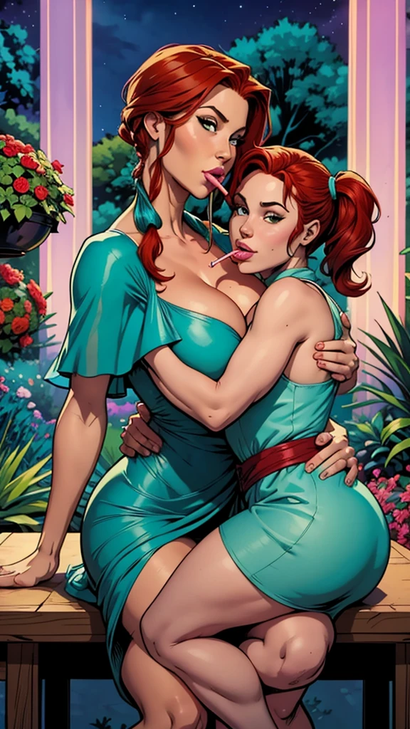 A girl in an elegant turquoise dress is sitting on a table. she has pigtails and red hair. Busty. A garden at night. Comic style. Hd image. Marvel comics. Front pose. she has a lollipop in her mouth. she is hugging another woman sensually