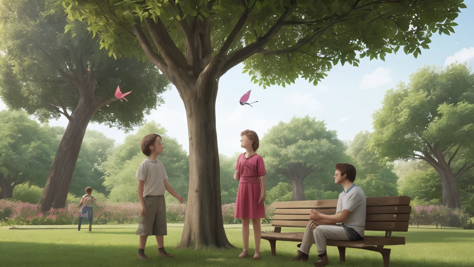 Illustrate a scene from the story "The Lost Kite." The scene should capture the moment when Alex and Lucy, with the help of the park gardener, are working together to retrieve Alex's kite from the tall tree. The kite is stuck high in the branches of a leafy tree, swaying gently in the breeze. Alex, a young boy, is looking up at the kite, with a hopeful expression on his face. Lucy, a friendly girl, is standing beside Alex, pointing towards the kite, and offering her support.
The park gardener, an older and kind-looking man, is holding a long ladder against the tree, preparing to climb up to reach the kite. In the background, the park is depicted with lush green grass, flowers, and other trees, creating a cheerful and inviting atmosphere. A nearby bench where Alex was initially sitting should be visible, and some children can be seen playing in the distance.
Capture the expressions of cooperation and kindness on the faces of Alex, Lucy, and the gardener, highlighting the teamwork and friendly assistance that brought about a happy resolution to the situation.
