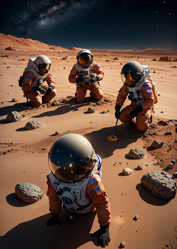 Create a painting of three astronauts collecting rocks and taking samples with advanced technological equipment on Mars at night. The environment should be very rocky, with an abundance of stones and various-sized rocks scattered around. The Martian landscape is illuminated by the faint light of distant stars and the astronauts' headlamps. The sky is dark, filled with stars, while the reddish hue of Mars' surface contrasts with the cold, dark night. The astronauts should be equipped with scientific tools and instruments, actively engaged in their work. Ensure the scene captures the rugged and barren nature of Mars, emphasizing the rocky terrain and the astronauts' detailed activities.