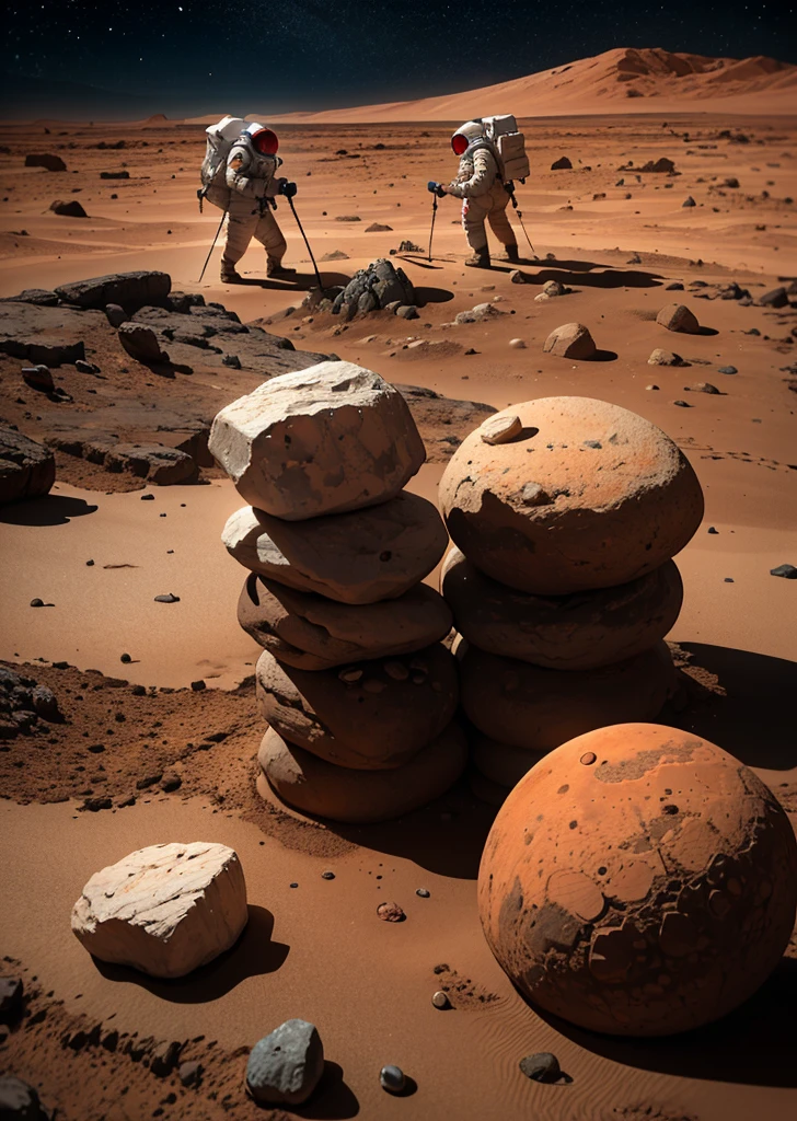 Create a painting of three astronauts collecting rocks and taking samples with advanced technological equipment on Mars at night. The environment should be very rocky, with an abundance of stones and various-sized rocks scattered around. The Martian landscape is illuminated by the faint light of distant stars and the astronauts' headlamps. The sky is dark, filled with stars, while the reddish hue of Mars' surface contrasts with the cold, dark night. The astronauts should be equipped with scientific tools and instruments, actively engaged in their work. Ensure the scene captures the rugged and barren nature of Mars, emphasizing the rocky terrain and the astronauts' detailed activities.