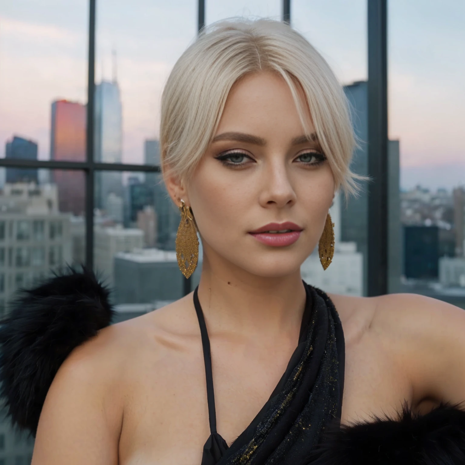 blond woman with a black dress and fur stole posing for a picture, an epic non - binary model, huge earrings and queer make up,, city in the background, in a rooftop, on a rooftop, high quality portrait