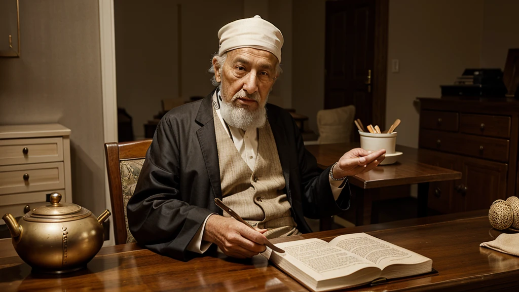 an old man in traditional Jewish clothing, refined and valuable clothes, sitting at a table with a big book on top and a luxurious room
