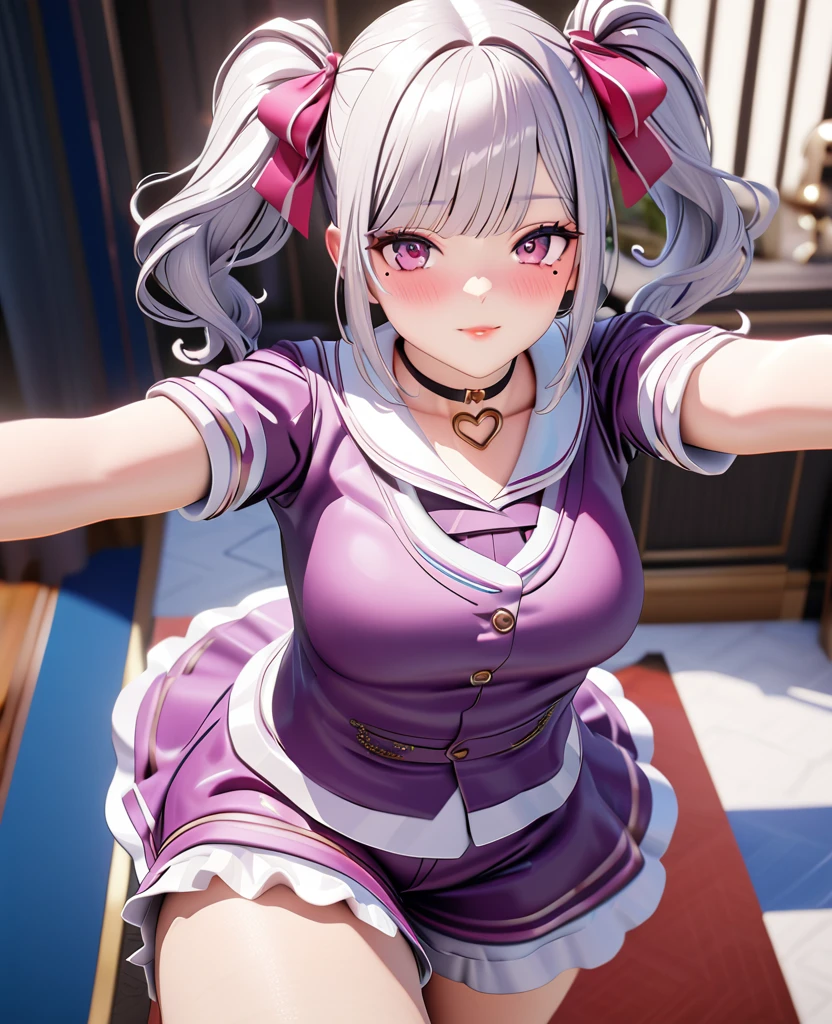 masterpiece, best quality, highly detailed, high resolution, expensive resolution, high resolution, 4K, 8k, uniform 8k wallpaper, highly detailed CG, masterpiece, 2D, 3D, beautiful details, depth, fine texture, best quality: 1.3, perfectly focused, crispy. skin, him, cute anime 20s girl, her name is Mei, idol, expensive brown short twin tails, mole under eye, looking at the viewer, cowboy shorts, expensive, blush, mole, plump lips, heart, pink eyes, heart shaped choker