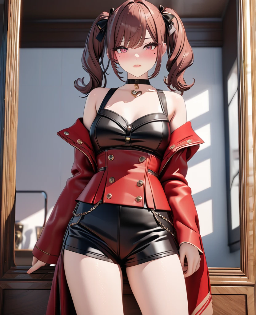 masterpiece, best quality, highly detailed, high resolution, expensive resolution, high resolution, 4K, 8k, uniform 8k wallpaper, highly detailed CG, masterpiece, 2D, 3D, beautiful details, depth, fine texture, best quality: 1.3, perfectly focused, crispy. skin, him, cute anime 20s girl, her name is Mei, idol, expensive brown short twin tails, mole under eye, looking at the viewer, cowboy shorts, expensive, blush, mole, plump lips, heart, pink eyes, heart shaped choker