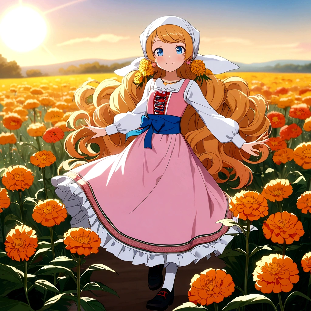 golden orange hair, gradient hair, very long hair, swept bangs, sidelocks, curly hair, wavy hair, (((((head scarf))))), head bandana, pink apron, flower in hair, marigold, orange flower, blue eyes, dirndl, pink dress, pink dirndl, long sleeves, waist apron, white apron, bow on waist, blue bow, , polish clothing, Slavic clothing, Hungarian clothing, anime, cute, full body, white leggings, black shoes, flat chest,, smile, sun, sunshine