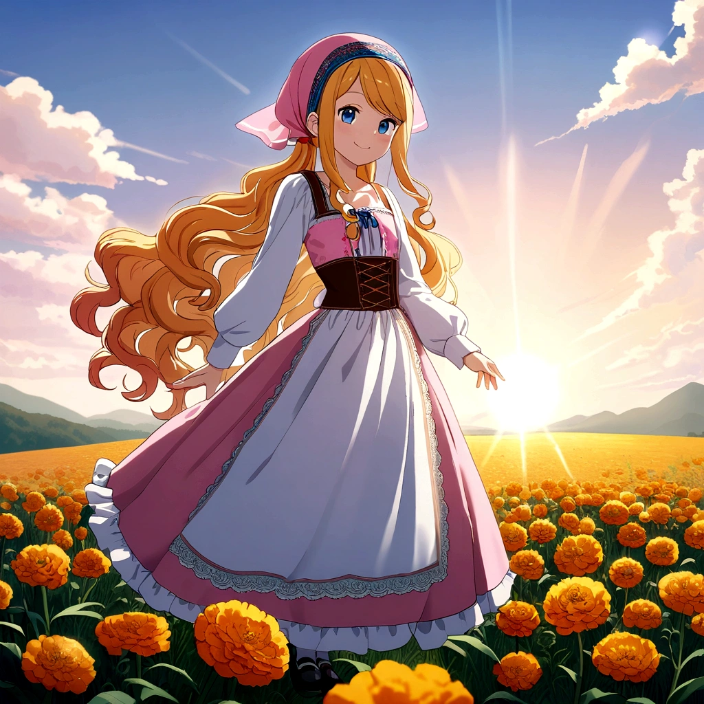 golden orange hair, gradient hair, very long hair, swept bangs, sidelocks, curly hair, wavy hair, (((((head scarf))))), head bandana, pink apron, flower in hair, marigold, orange flower, blue eyes, dirndl, pink dress, pink dirndl, long sleeves, waist apron, white apron, bow on waist, blue bow, , polish clothing, Slavic clothing, Hungarian clothing, anime, cute, full body, white leggings, black shoes, flat chest,, smile, sun, sunshine
