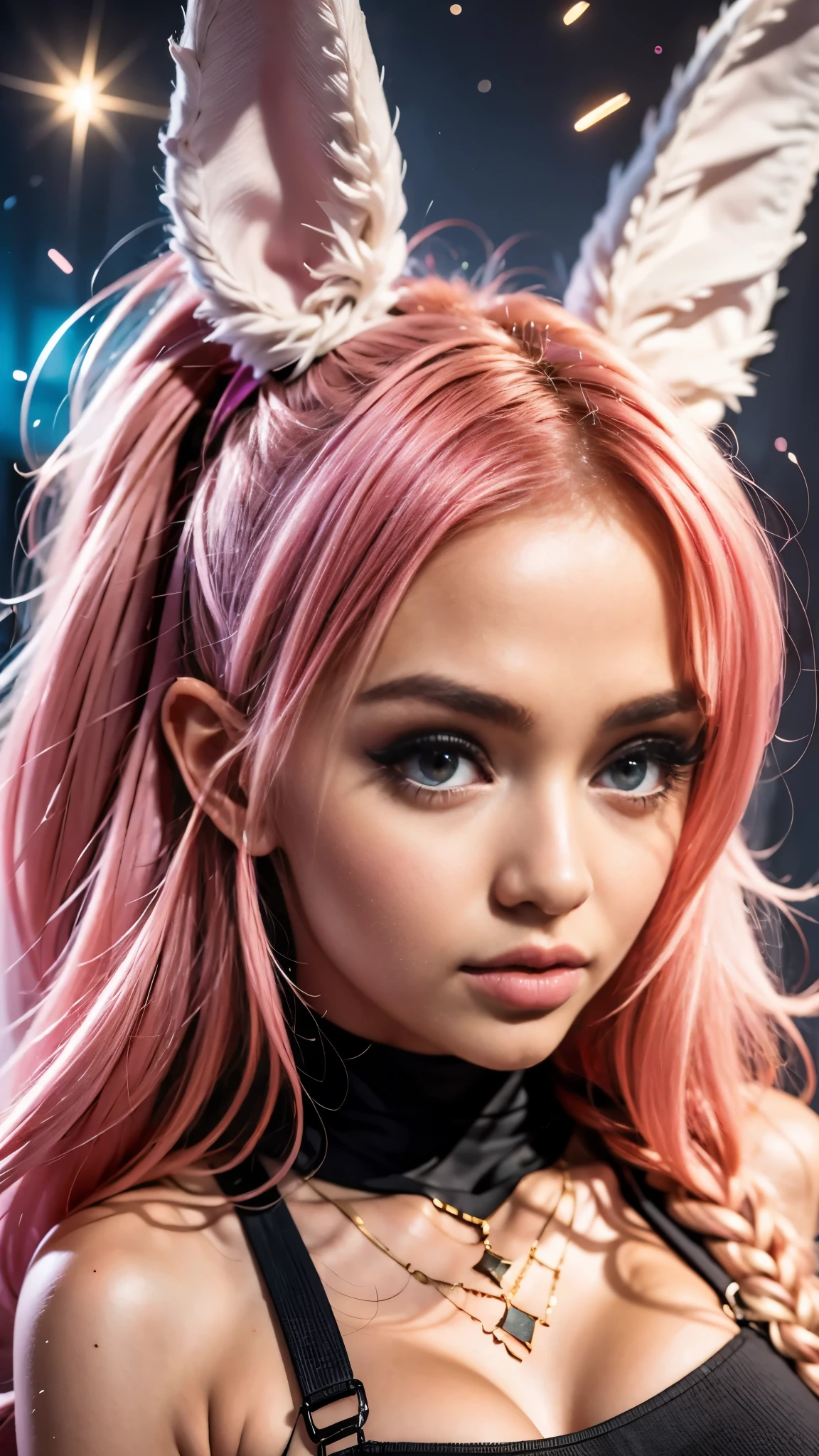 anime style, a closeup of a cartoon of a woman with ears and rabbit tail, with rabbit tail, with rabbit ears, girl design, mara, portrait, giesha, anime image, long hair, pink hair, hair covering ears, happy, polished and powerful look, exotic, tall  