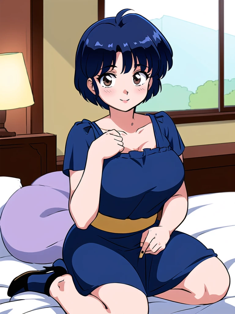 HDR, CG, sharp focus, (8k), (4k), masterpiece, best quality, detailed skin, extremely detailed, hiper detailed, sharp focus, looking at viewer, high quality, AKANE, Akane tendou, short hair, blue hair, brown eyes ,curtain pelvic DRESS, tetas grandes, bLush, solo, 1girl, sit on BED, BEDROOM background, hands on chest, heels, black dress, smile,