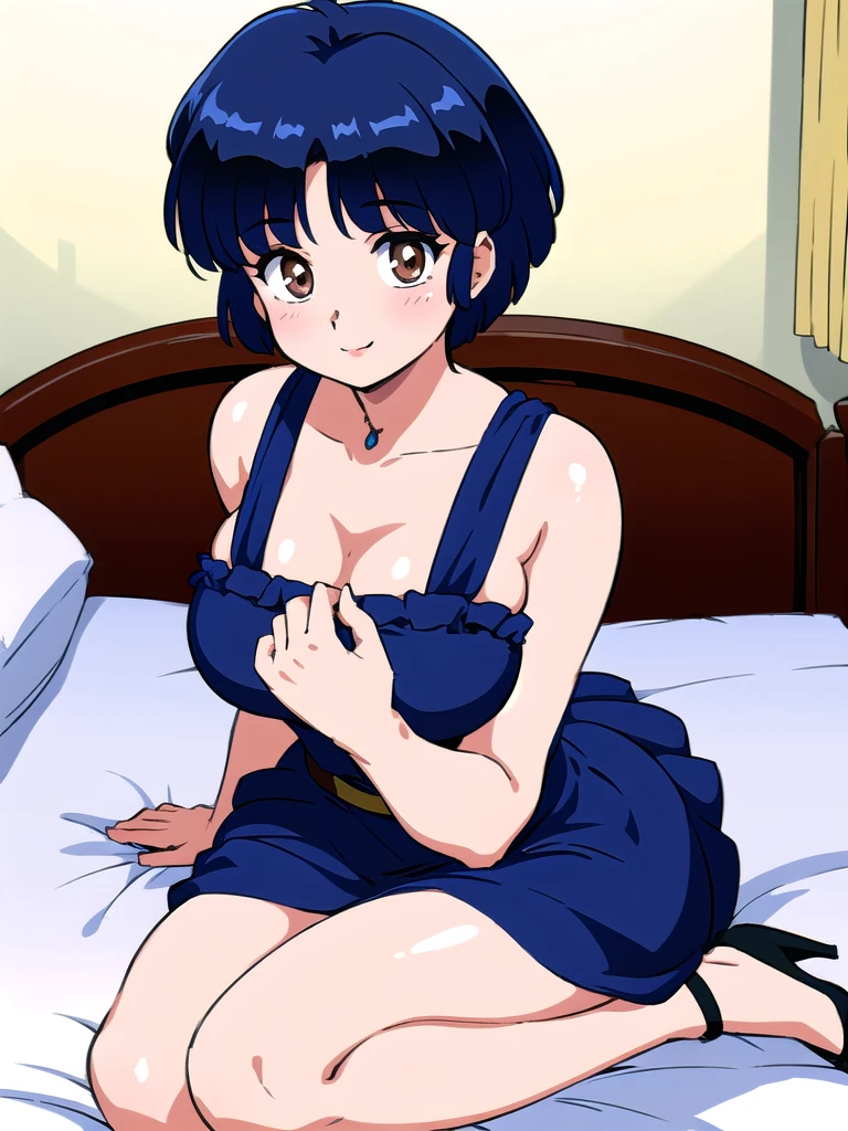 HDR, CG, sharp focus, (8k), (4k), masterpiece, best quality, detailed skin, extremely detailed, hiper detailed, sharp focus, looking at viewer, high quality, AKANE, Akane tendou, short hair, blue hair, brown eyes ,curtain pelvic DRESS, tetas grandes, bLush, solo, 1girl, sit on BED, BEDROOM background, hands on , heels, black dress, smile,  
