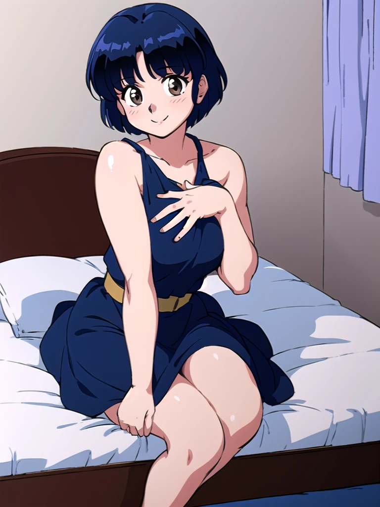 HDR, CG, sharp focus, (8k), (4k), masterpiece, best quality, detailed skin, extremely detailed, hiper detailed, sharp focus, looking at viewer, high quality, AKANE, Akane tendou, short hair, blue hair, brown eyes ,curtain pelvic DRESS, tetas grandes, bLush, solo, 1girl, sit on BED, BEDROOM background, hands on chest, heels, black dress, smile,
