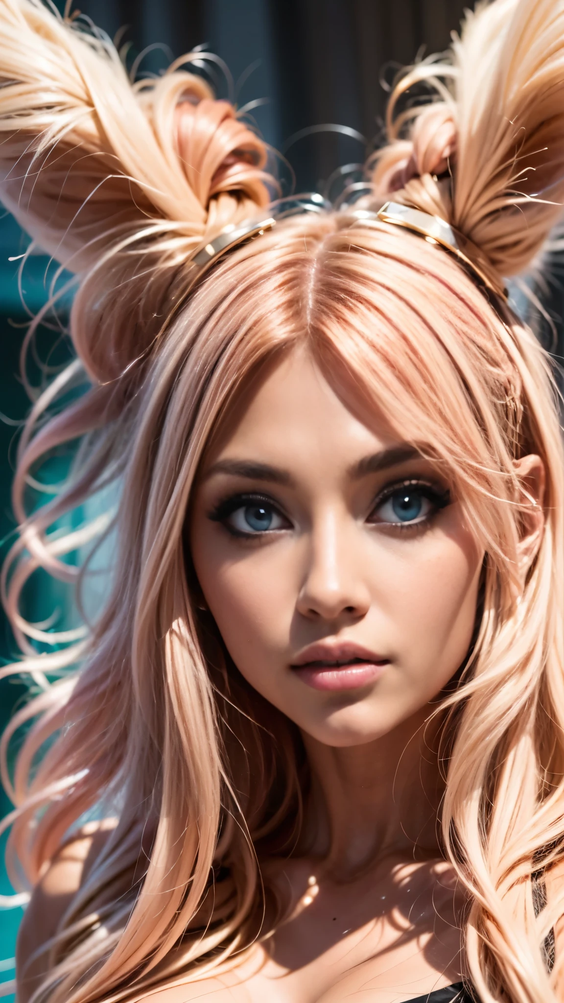 anime style, a closeup of a cartoon of a woman with ears and rabbit tail, with rabbit tail, with rabbit ears, girl design, mara, portrait, giesha, anime image, long hair, pink hair, hair covering ears, happy, polished and powerful look, exotic, tall