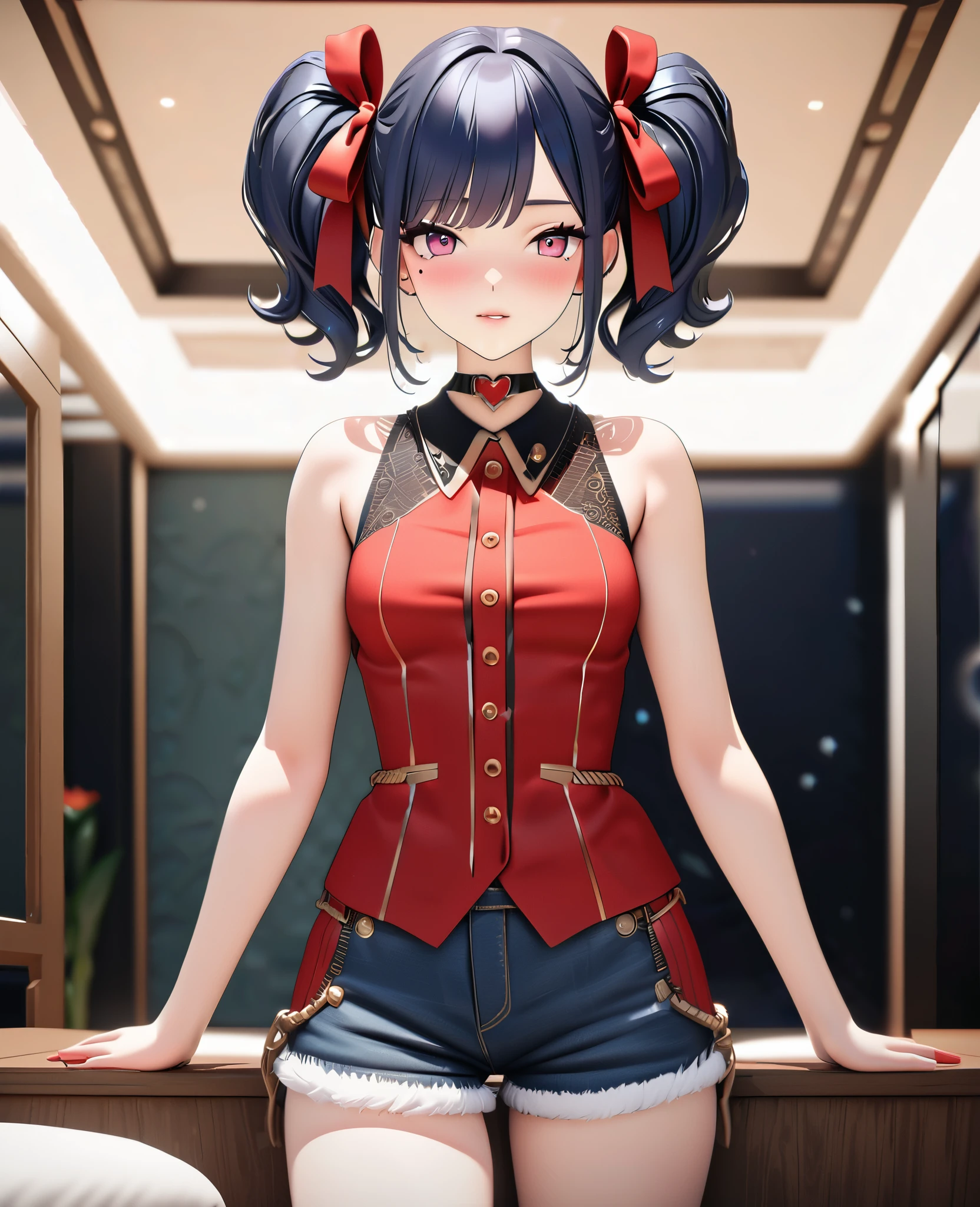 masterpiece, best quality, highly detailed, high resolution, expensive resolution, high resolution, 4K, 8k, uniform 8k wallpaper, highly detailed CG, masterpiece, 2D, 3D, beautiful details, depth, fine texture, best quality: 1.3, perfectly focused, crispy. skin, him, cute anime 20s girl, her name is Mei, idol, expensive brown short twin tails, mole under eye, looking at the viewer, cowboy shorts, expensive, blush, mole, plump lips, heart, pink eyes, heart shaped choker