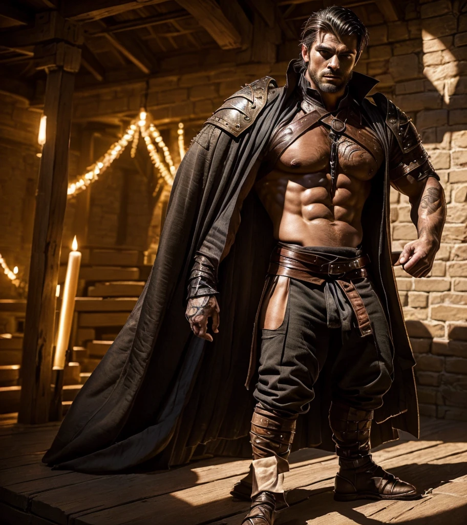 (((Solo character image.))) (((Generate a single character image.))) (((Dressed in medieval fantasy attire.))) (((Very sexy facial expression.))) Generate a male fantasy character who is a good looking, handsome criminal. He is a shifty and suspicious individual who is untrustworthy and somewhat sinister. But he is a confidence trickster. Shoulder-length black hair. Looks like he has the physique of a warrior and mma fighter, He looks like a dangerous man. Handsome. Intense stare. He looks like a very sexy male villain for a fantasy setting. (((Sexually attractive.))) (((Looks like a sexy, muscular male model for a fantasy setting.)))