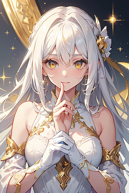 ((, Masterpiece: 1.5, best quality, high resolution: 1.3, super resolution, super detailed, ultra detailed: 1.3, Perfect Anatomy:1.5, 1 woman ) dark skin + white hair + yellow eyes + long eyelashes + female figure + freckled cheeks (long dress with moderately transparent fabric at the ends, delicate accessories, long fingerless gloves, white clothing with gold details) ((adorable open eyes, friendly cute expression, sparkle in eyes))