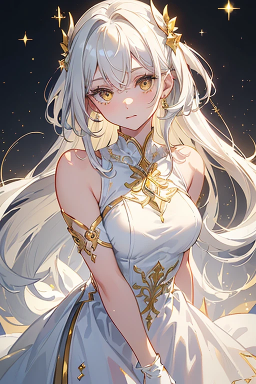 ((, Masterpiece: 1.5, best quality, high resolution: 1.3, super resolution, super detailed, ultra detailed: 1.3, Perfect Anatomy:1.5, 1 woman ) dark skin + white hair + yellow eyes + long eyelashes + female figure + freckled cheeks (long dress with moderately transparent fabric at the ends, delicate accessories, long fingerless gloves, white clothing with gold details) ((adorable open eyes, friendly cute expression, sparkle in eyes))