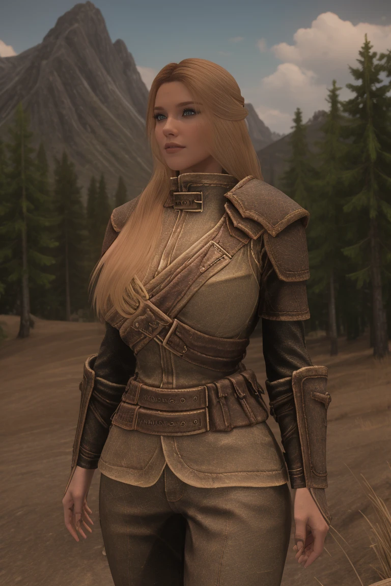 female breton stands in a sun-kissed Skyrim landscape on a warm summer day. Her chiseled torso, bare and unadorned, glistens with dew as she wears only armor long pants, her chest gleaming like polished obsidian. A long blonde hair and intense gaze complete the imposing figure, set against a backdrop of lush greenery and soaring mountains.