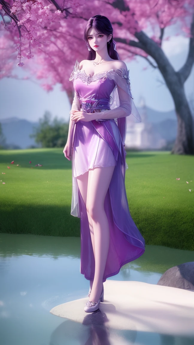 light particles, halo, (bioluminescent:0.95), bioluminescent, piercing glare, vibrant, (((colourful))), color, (glowing, glow),ancient customs, wind blow, blossom, pond, night, moon relection in the pond, reflection light, depth of field, from behind, multiple views, delicated best quality ,masterpiece, illustration, an extremely delicate and beautiful, extremely detailed ,CG ,unity ,8k wallpaper, Amazing, finely detail, masterpiece,best quality,official art,extremely detailed CG unity 8k wallpaper,absurdres, incredibly absurdres, huge filesize , ultra-detailed, highres, extremely detailed,beautiful detailed girl, extremely detailed eyes and face, beautiful detailed eyes,light on face,1girl, (Super realistic), (purple hair), (hair over one eye), (single braid hair), (rainbow eyes), ((hair ornament)), ((jewelry)), (hair jewelry), (((describe the arm in detail))), (((Super ))), ((sagging breasts)), ((Plump body)), (thighs), ((Plump )),, (detailed description of hair), ((upper body)), (Bare shoulder), ((collarbone)), (off shoulder), (Shiny skin), (detailed description of face), (Extremely detailed description of the eyes), (detailed description of body), (white and translucent skin), peerless beauty, (extreme beauty), (red lips), (shy ), (seductive smile), ((gothic tia dress)), (every pose),(smiling)