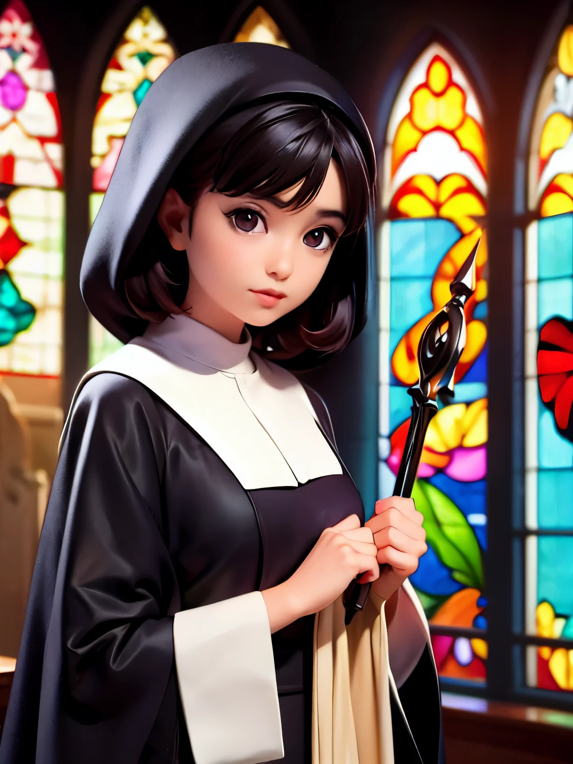 (Noriko Ogawa), (Highest quality, Very detailed, masterpiece, In detail, High resolution, 8k wallpaper, Highest quality, High resolution), Beautiful face in every detail, Long sleeve, Nuns, habit, Nuns, habit, dress, black dress, long dress, Catholic;, church, Stained glass,