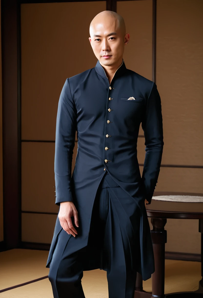 half body picture of a bald japanese model man, wearing an elegant western dress, pants, in an elegant room